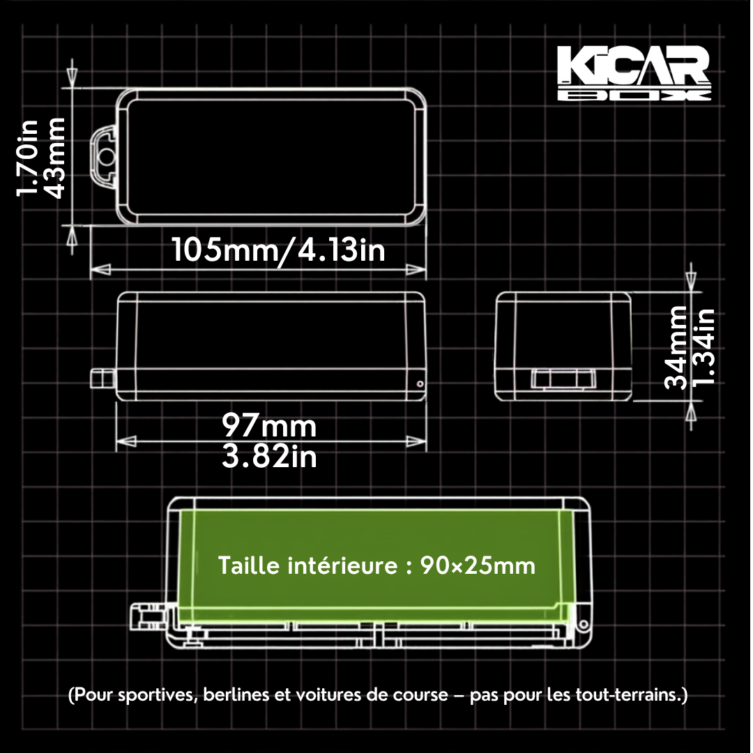Dimensions KicarBox : 105 x 43 x 34 mm, taille intérieure 90 x 25 mm