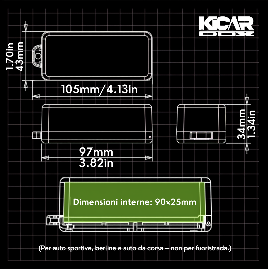 Dimensioni KicarBox: 105 x 43 x 34 mm, dimensioni interne 90 x 25 mm