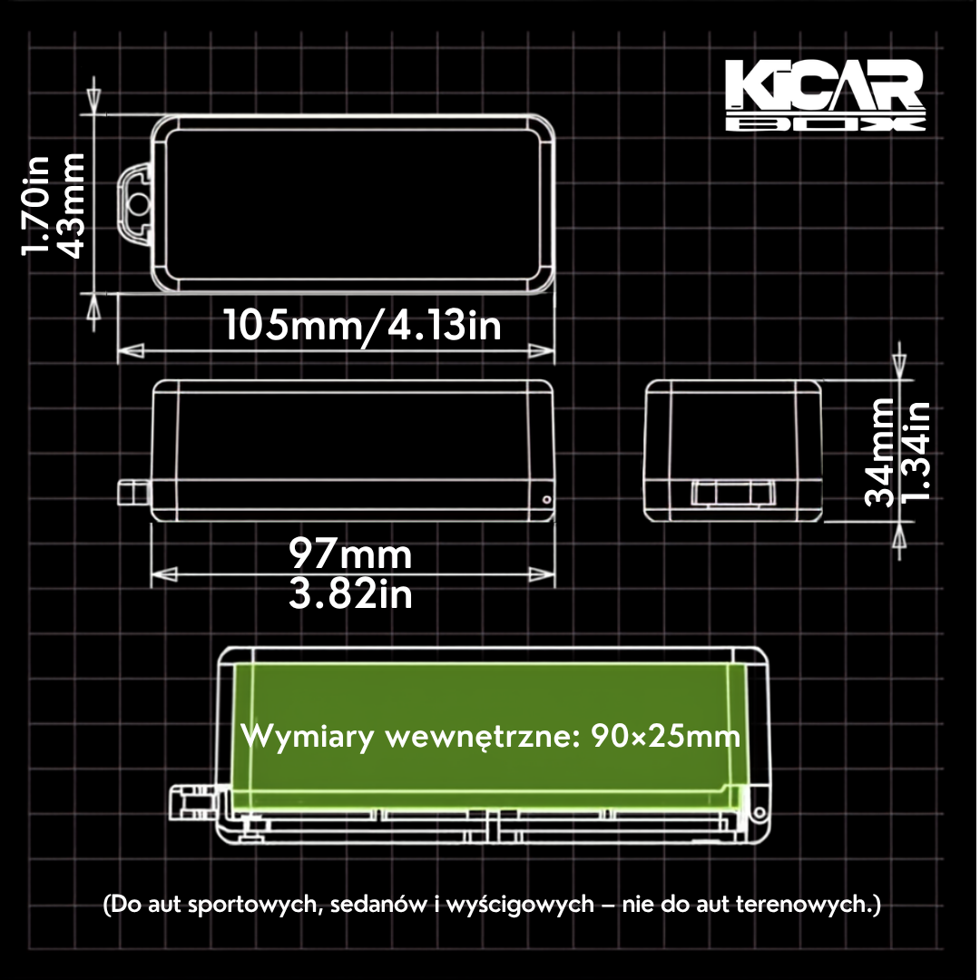 Wymiary KicarBox: 105 x 43 x 34 mm, wymiary wewnętrzne 90 x 25 mm
