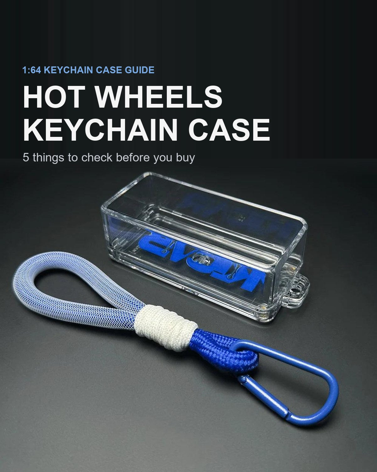 Clear acrylic 1:64 keychain case with a blue lanyard and carabiner, under the title Hot Wheels Keychain Case: 5 things to check before you buy