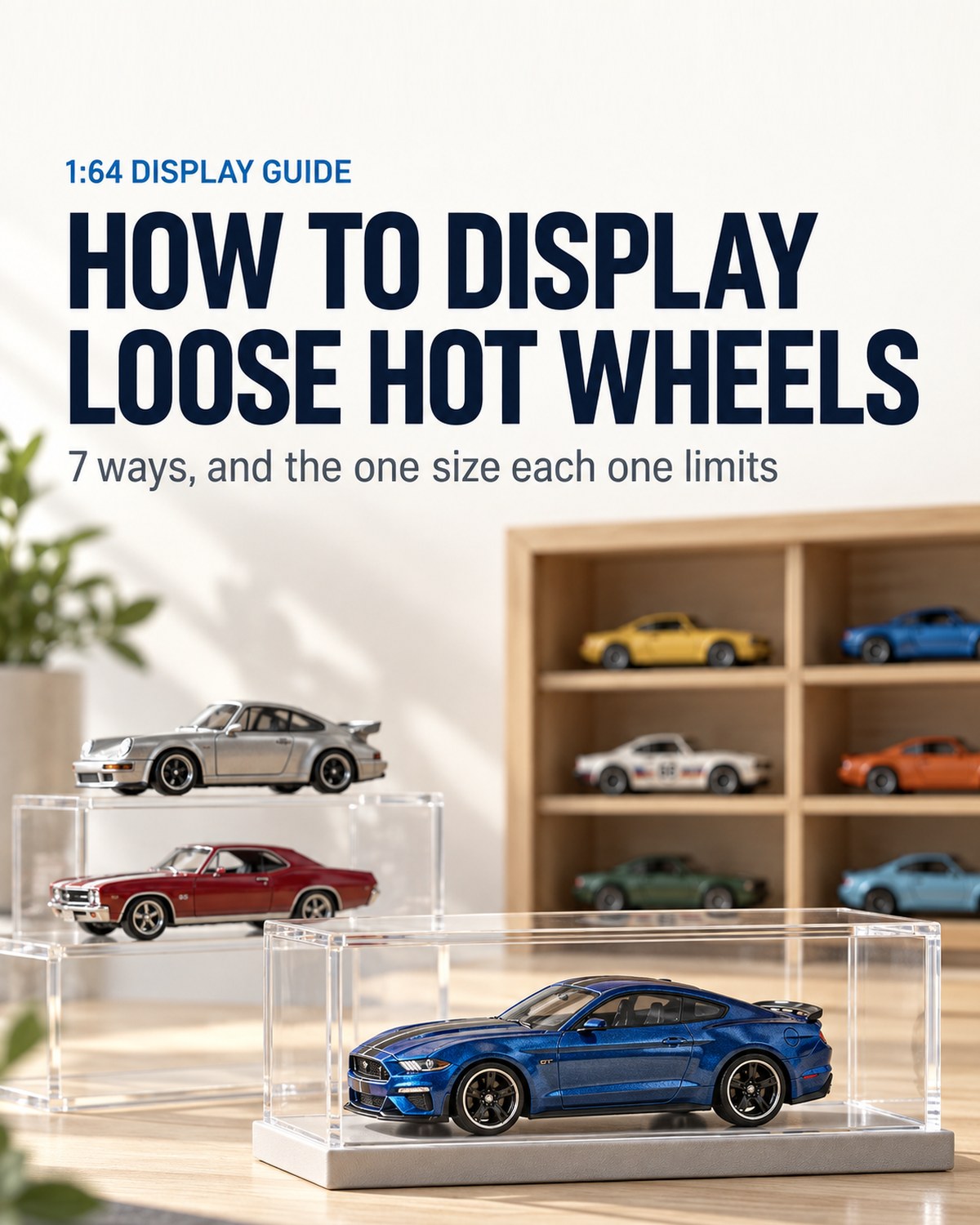 Loose diecast cars displayed in clear acrylic cases and a wooden wall shelf, under the title How to Display Loose Hot Wheels
