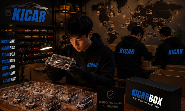A KicarBox stand with stacked cases and 1:64 diecast cars on display, staff in KICAR shirts behind the table