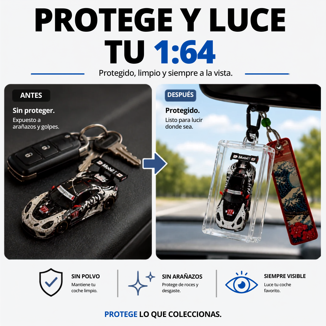 Antes y después: coche 1:64 sin proteger, expuesto a arañazos, frente a protegido en un KicarBox colgado del retrovisor