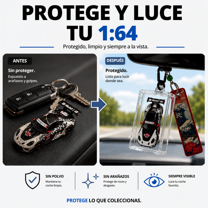 Antes y después: coche 1:64 sin proteger, expuesto a arañazos, frente a protegido en un KicarBox colgado del retrovisor