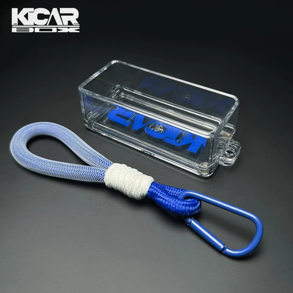 KicarBox Pocket Case: vitrina de acrílico transparente para coches a escala 1:64 con cordón azul y mosquetón