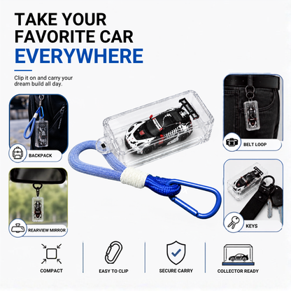Take your favorite 1:64 car everywhere – KicarBox clipped to a backpack, belt loop, rearview mirror and keys