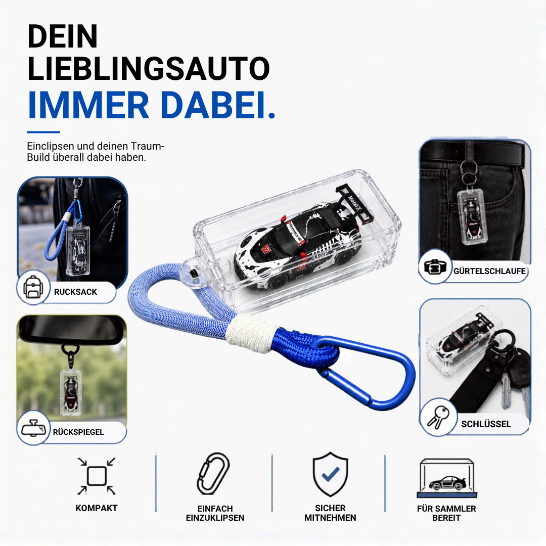 Dein Lieblingsauto immer dabei – KicarBox am Rucksack, an der Gürtelschlaufe, am Rückspiegel und am Schlüssel