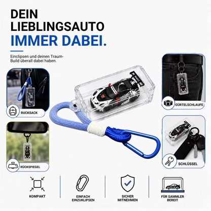 Dein Lieblingsauto immer dabei – KicarBox am Rucksack, an der Gürtelschlaufe, am Rückspiegel und am Schlüssel