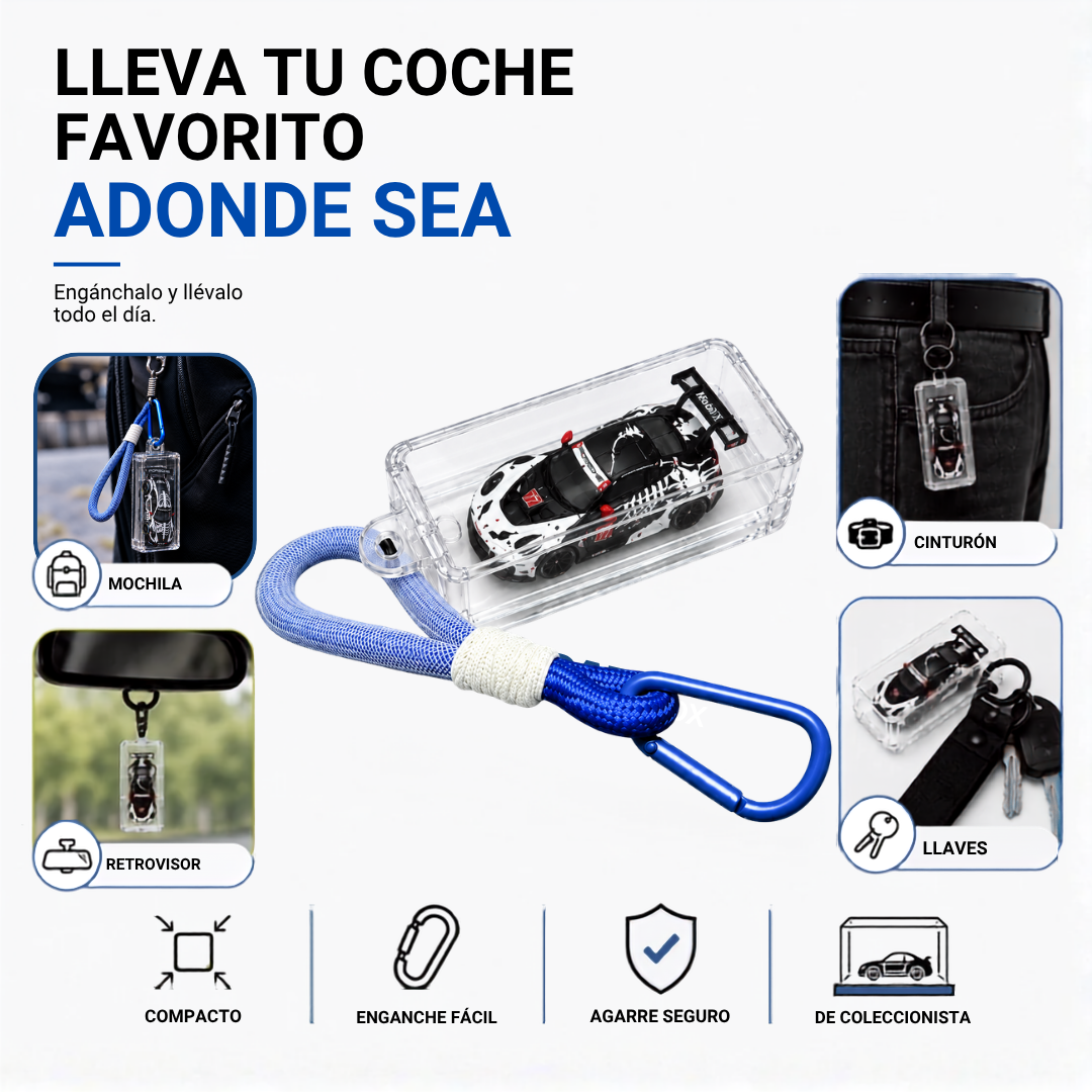 Lleva tu coche favorito adonde sea – KicarBox enganchado a la mochila, el cinturón, el retrovisor y las llaves