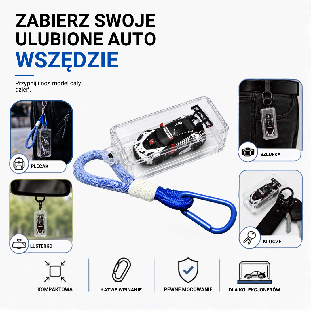 Zabierz ulubione auto 1:64 wszędzie – KicarBox przypięty do plecaka, szlufki paska, lusterka wstecznego i kluczy