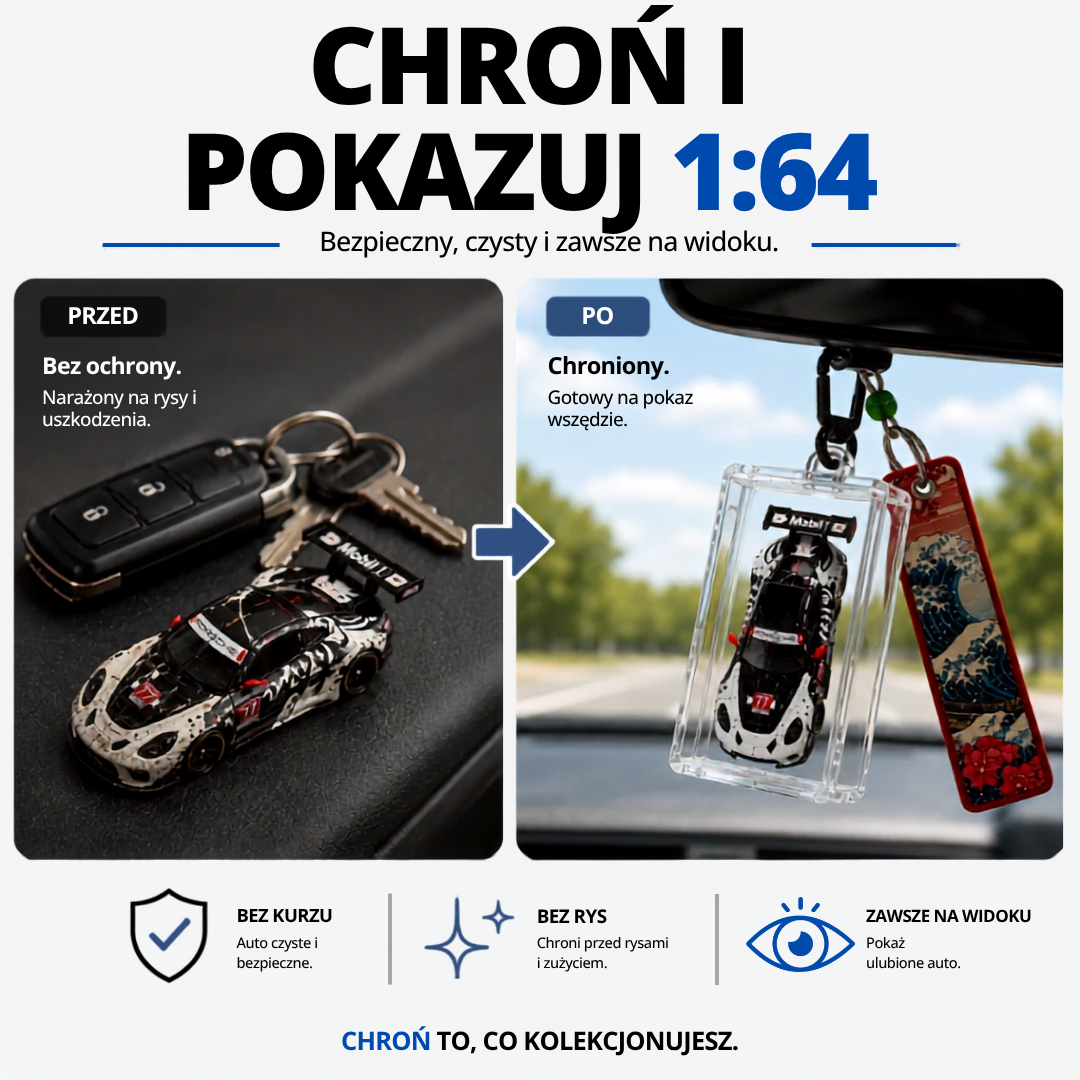 Przed i po: niezabezpieczony model auta 1:64 narażony na zarysowania vs. chroniony w KicarBox zawieszonym na lusterku
