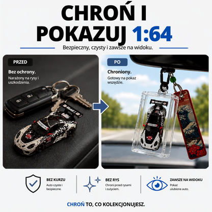 Przed i po: niezabezpieczony model auta 1:64 narażony na zarysowania vs. chroniony w KicarBox zawieszonym na lusterku