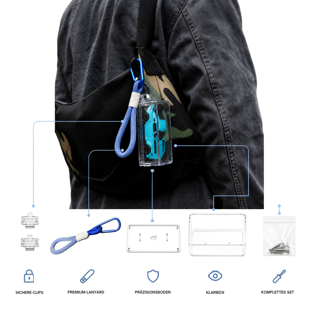 KicarBox am Taschengurt mit Lieferumfang: sichere Clips, Premium-Lanyard, Präzisionsboden, Klarbox und Schrauben-Set
