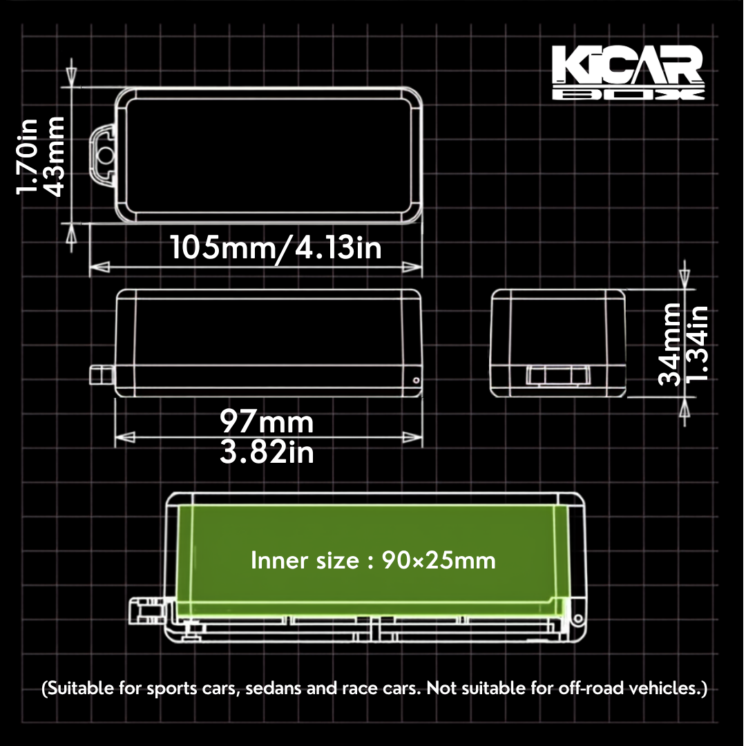 KicarBox 1:64 acrylic display case dimensions: 105 × 43 × 34 mm outside, 90 × 25 mm inner size