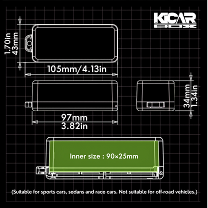 KicarBox 1:64 acrylic display case dimensions: 105 × 43 × 34 mm outside, 90 × 25 mm inner size