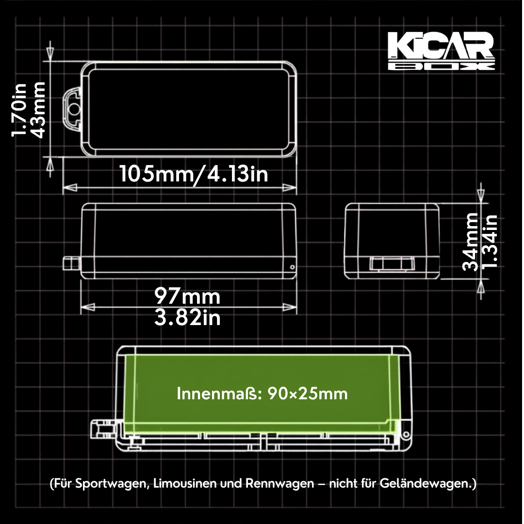 KicarBox Maße: 105 x 43 x 34 mm, Innenmaß 90 x 25 mm