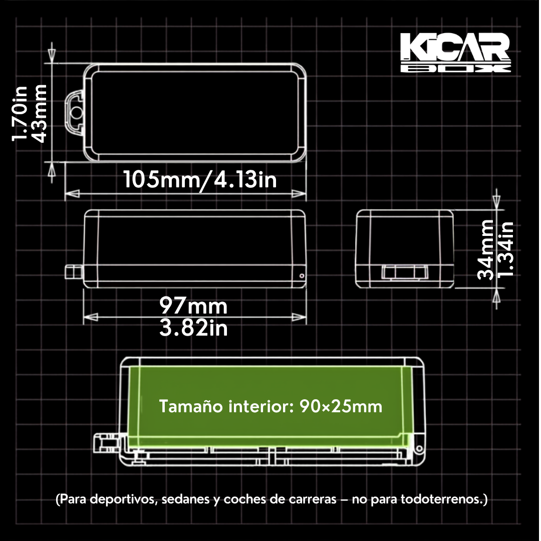 Medidas del KicarBox: 105 x 43 x 34 mm, tamaño interior 90 x 25 mm