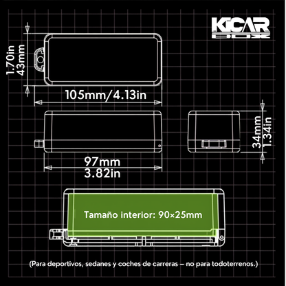 Medidas del KicarBox: 105 x 43 x 34 mm, tamaño interior 90 x 25 mm