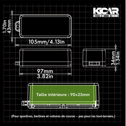 Dimensions KicarBox : 105 x 43 x 34 mm, taille intérieure 90 x 25 mm