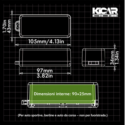 Dimensioni KicarBox: 105 x 43 x 34 mm, dimensioni interne 90 x 25 mm