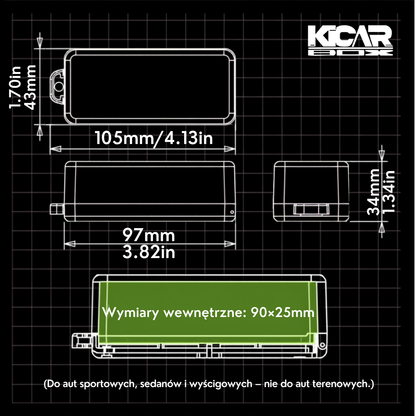Wymiary KicarBox: 105 x 43 x 34 mm, wymiary wewnętrzne 90 x 25 mm